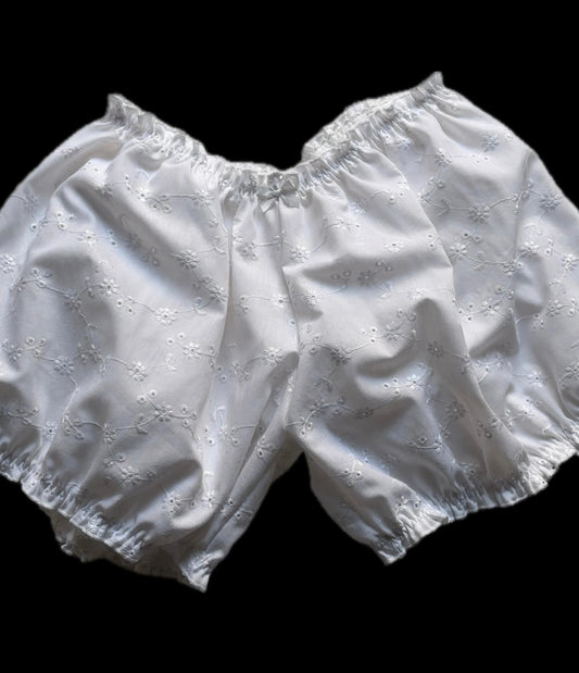 White embroidered balloon shorts